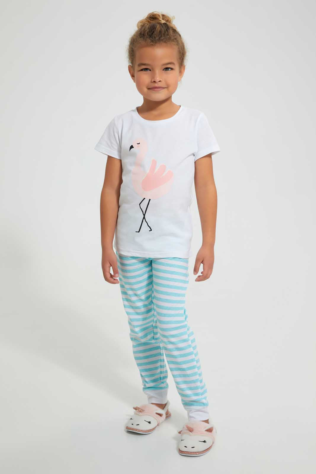 Redtag-White-Flamingo-Print-Nightsuit-With-Cuff-Bottom-Pyjama-Sets-Girls-2 to 8 Years