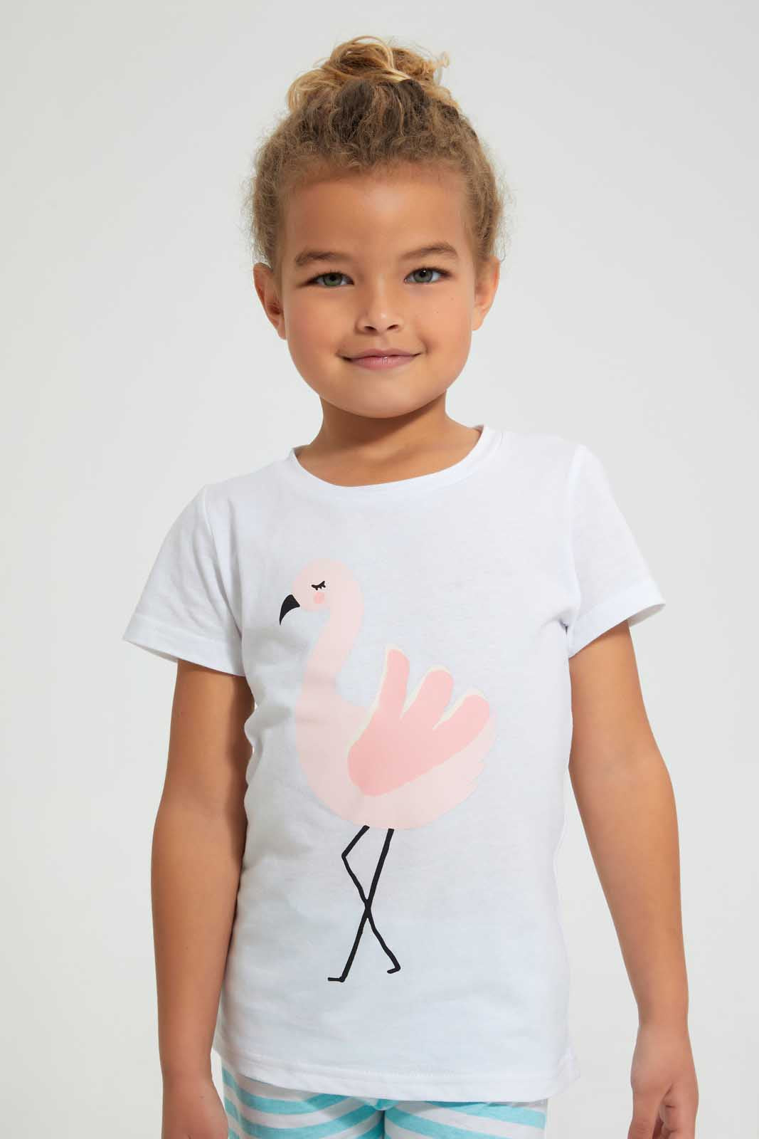 Redtag-White-Flamingo-Print-Nightsuit-With-Cuff-Bottom-Pyjama-Sets-Girls-2 to 8 Years