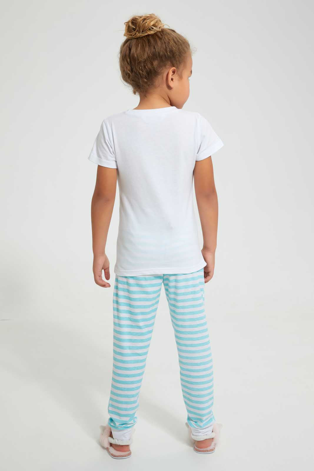Redtag-White-Flamingo-Print-Nightsuit-With-Cuff-Bottom-Pyjama-Sets-Girls-2 to 8 Years