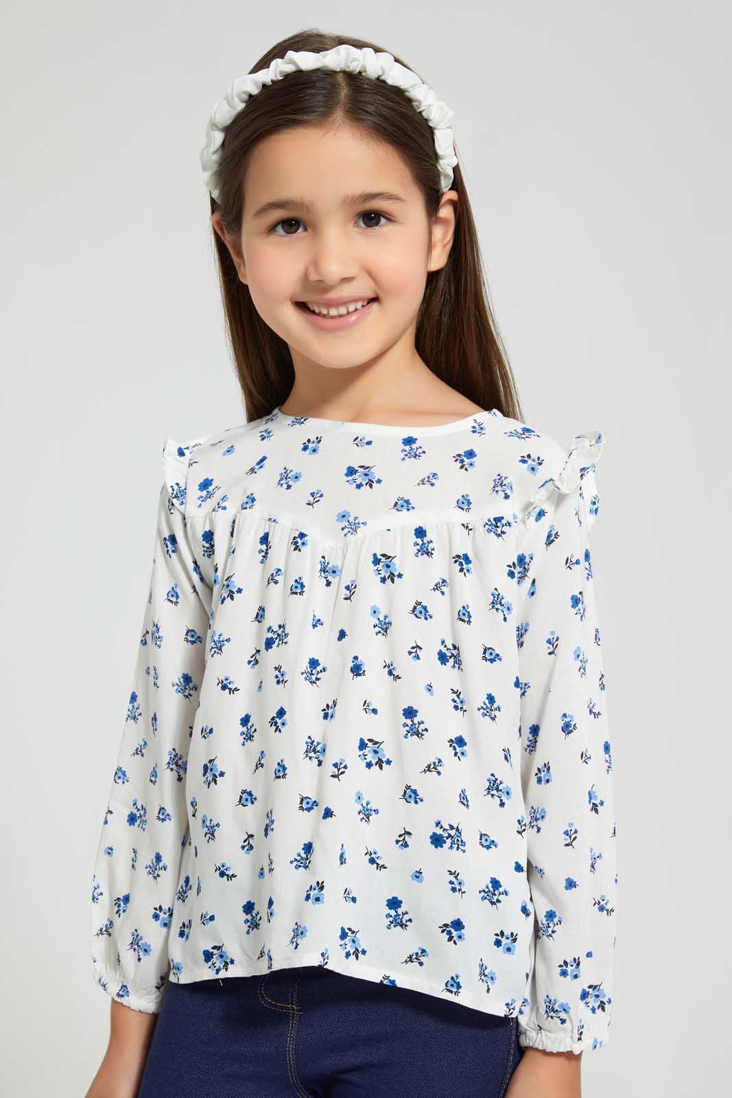Redtag-White-Aop-Long-Sleeve-Blouse-Blouses-Girls-2 to 8 Years