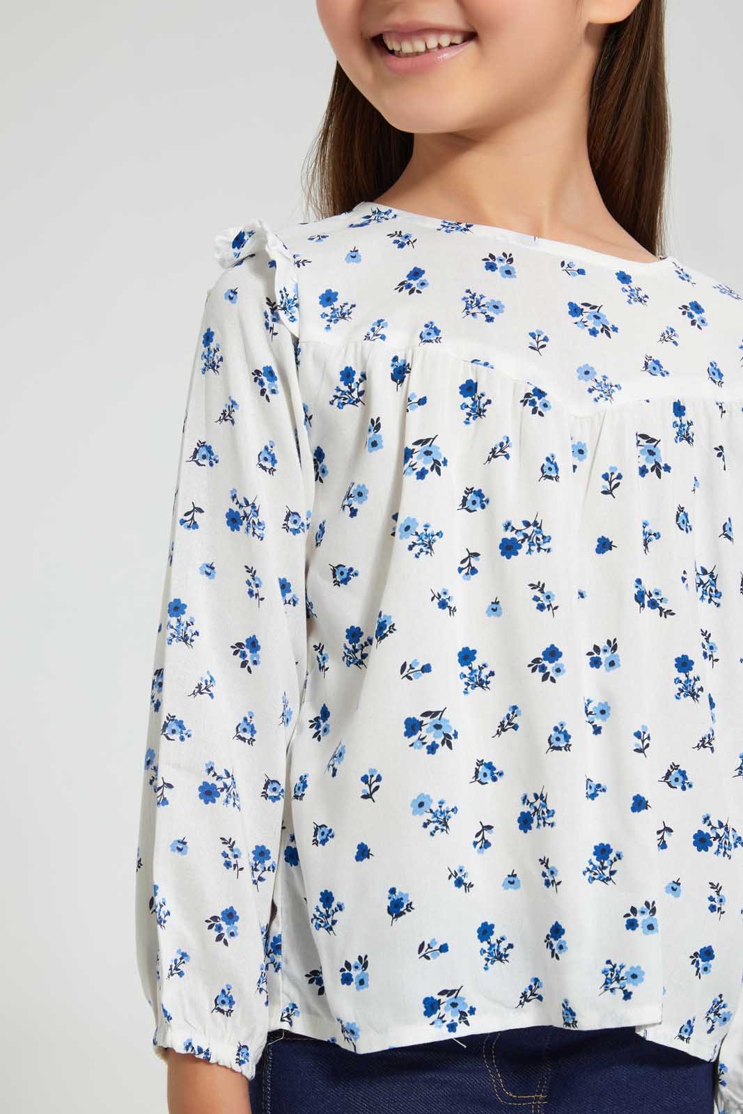 Redtag-White-Aop-Long-Sleeve-Blouse-Blouses-Girls-2 to 8 Years