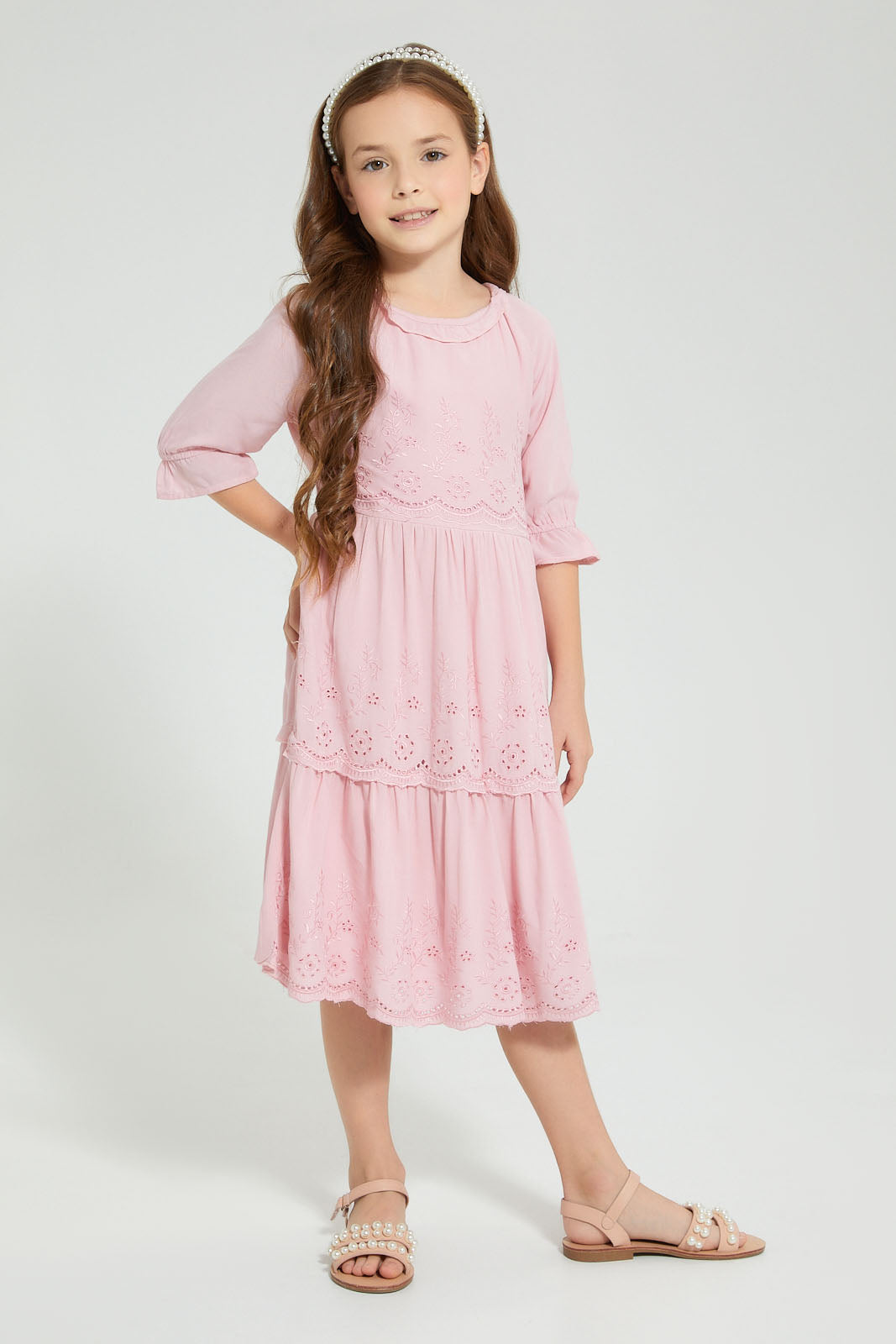 Redtag-Pink-Shifli-Tiered-Dress-Dresses-Girls-2 to 8 Years
