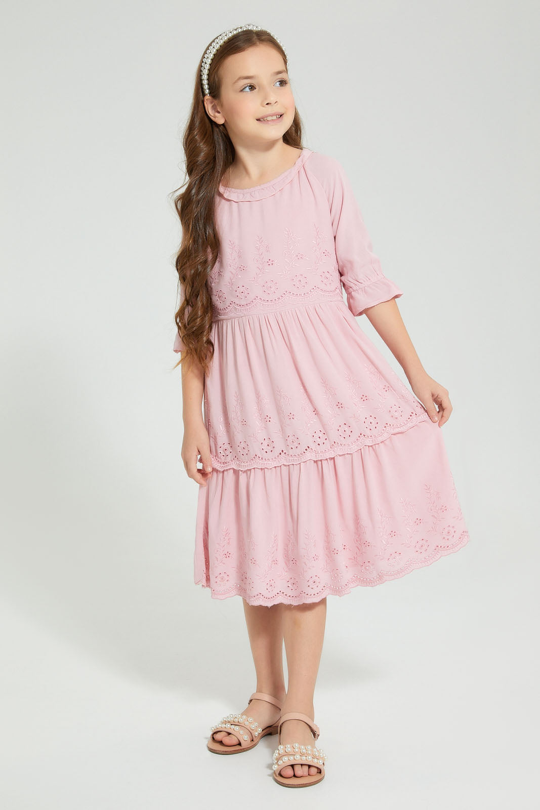 Redtag-Pink-Shifli-Tiered-Dress-Dresses-Girls-2 to 8 Years