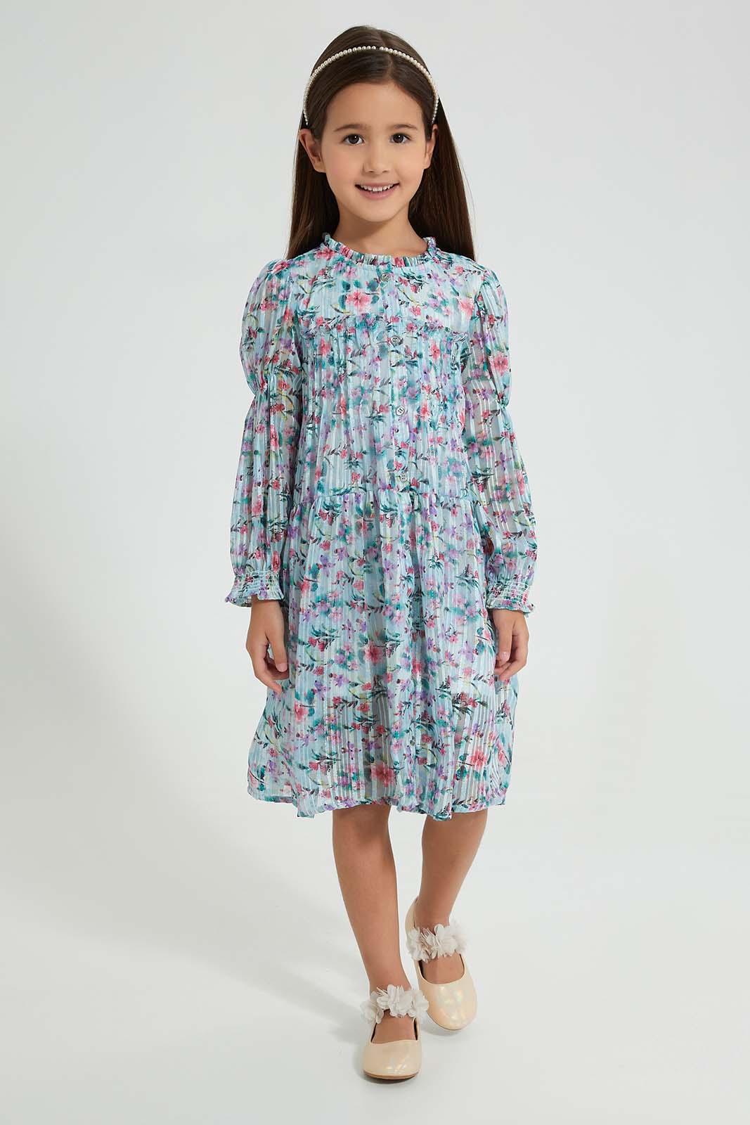 Redtag-Blue-Printed-Shirt-Dress-Dresses-Girls-2 to 8 Years