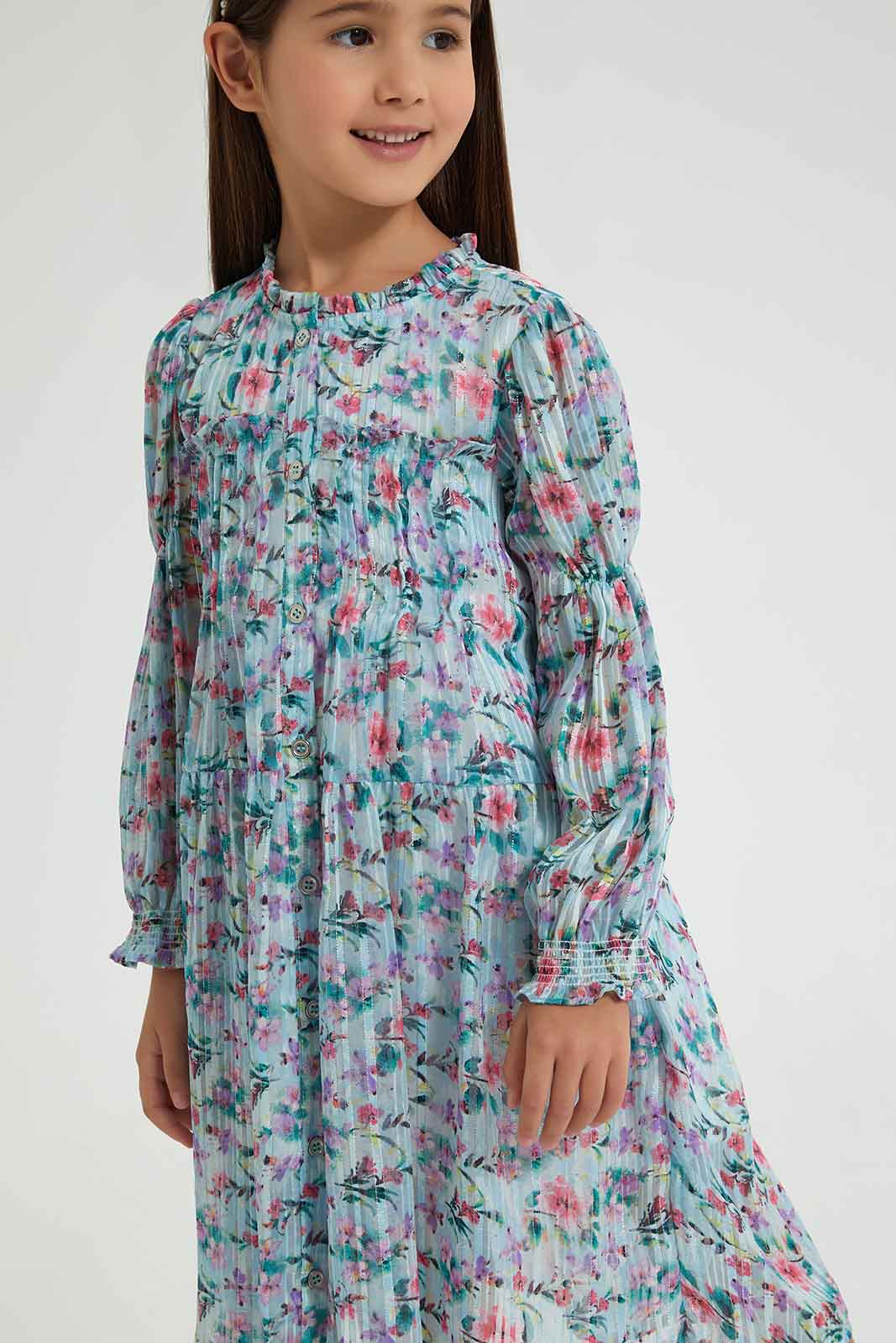 Redtag-Blue-Printed-Shirt-Dress-Dresses-Girls-2 to 8 Years