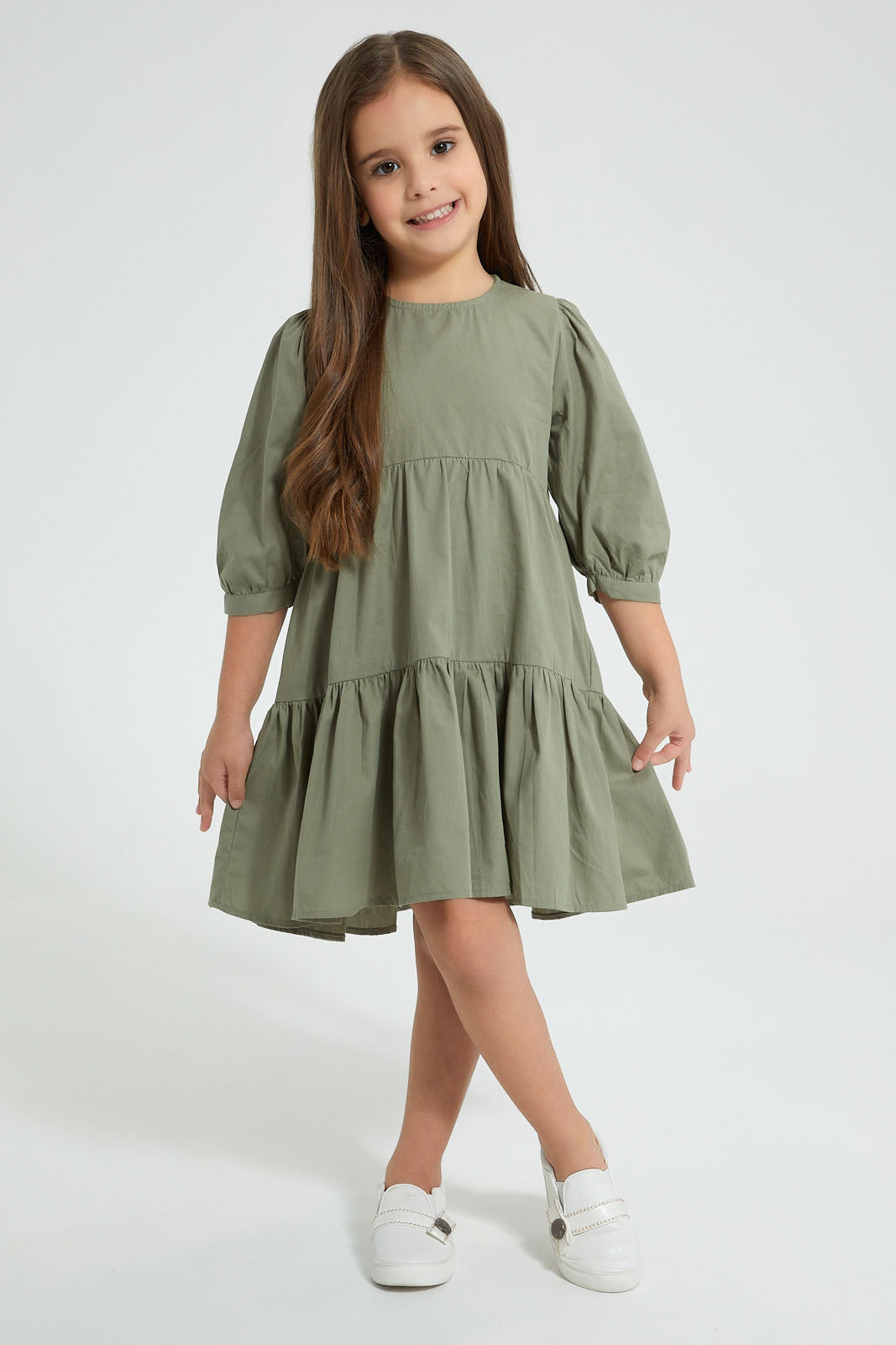 Redtag-Olive-Tiered-Dress-Dresses-Girls-2 to 8 Years