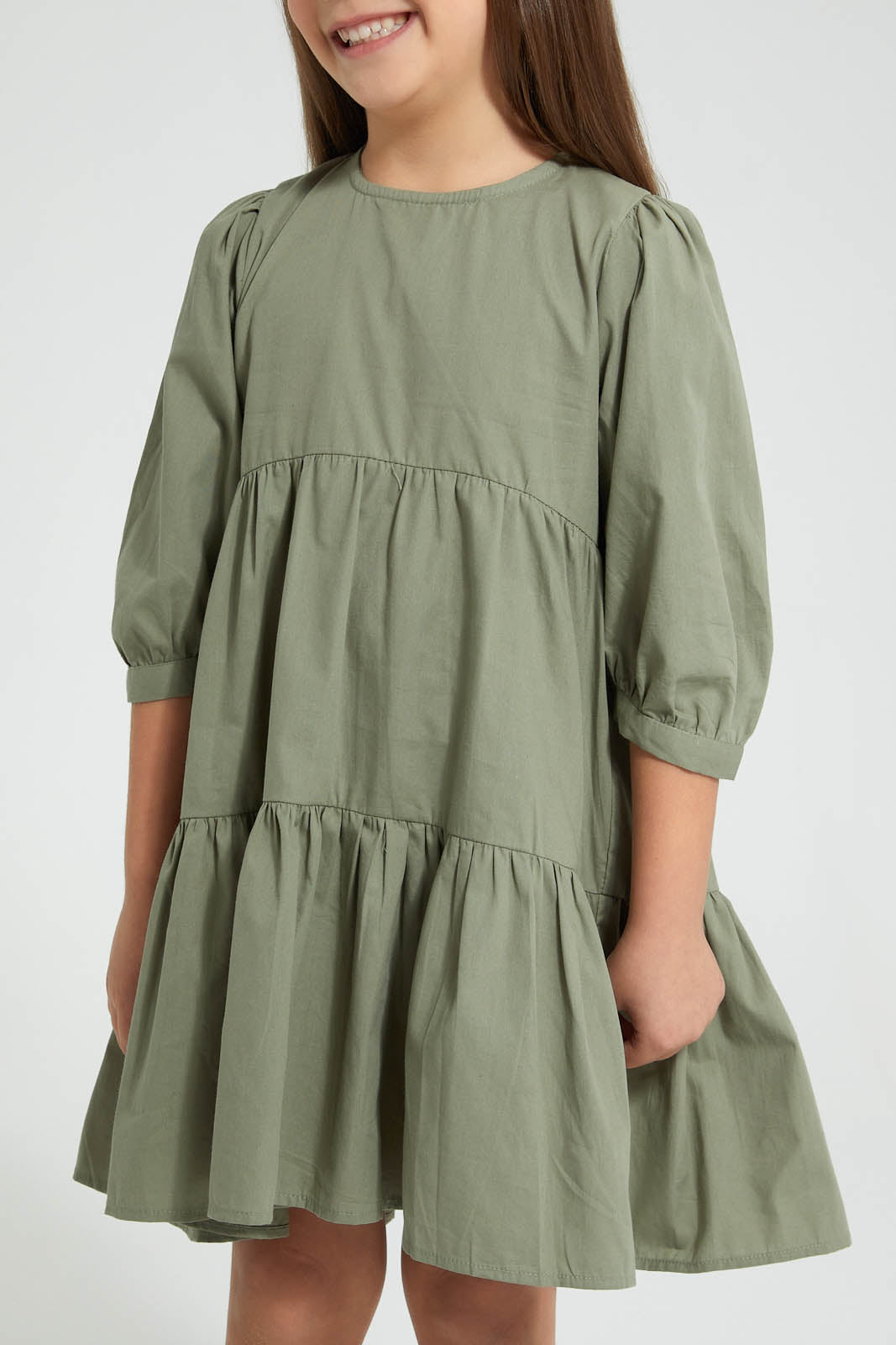 Redtag-Olive-Tiered-Dress-Dresses-Girls-2 to 8 Years
