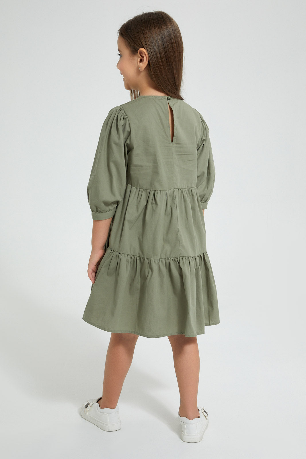 Redtag-Olive-Tiered-Dress-Dresses-Girls-2 to 8 Years