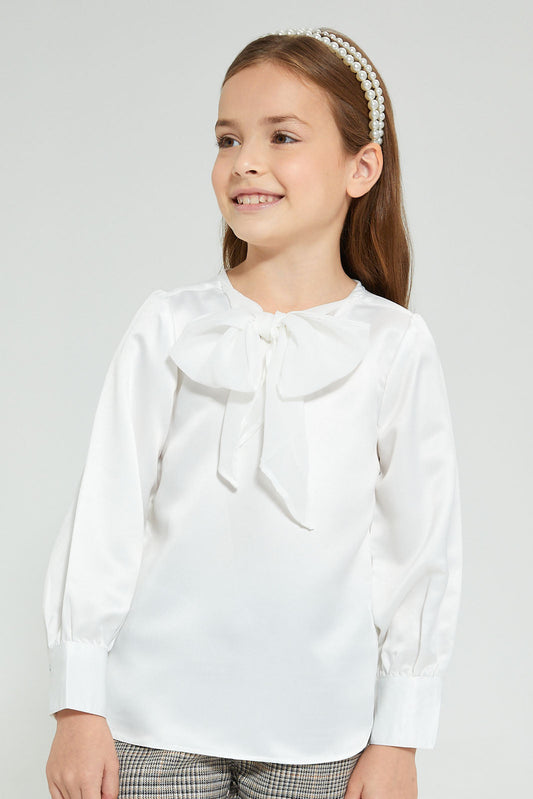 Redtag-White-Tie-Knot-Neckline-Blouse-Blouses-Girls-2 to 8 Years