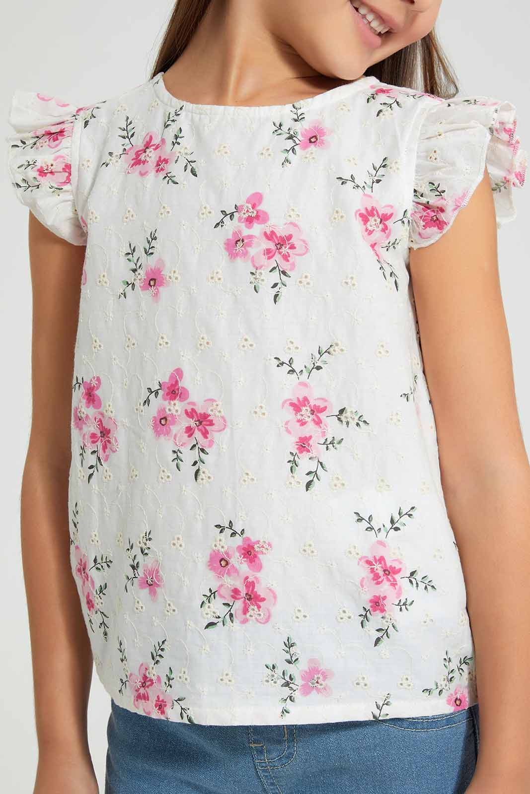 Redtag-Cream-Printed-Shifli-Blouse-Blouses-Girls-2 to 8 Years