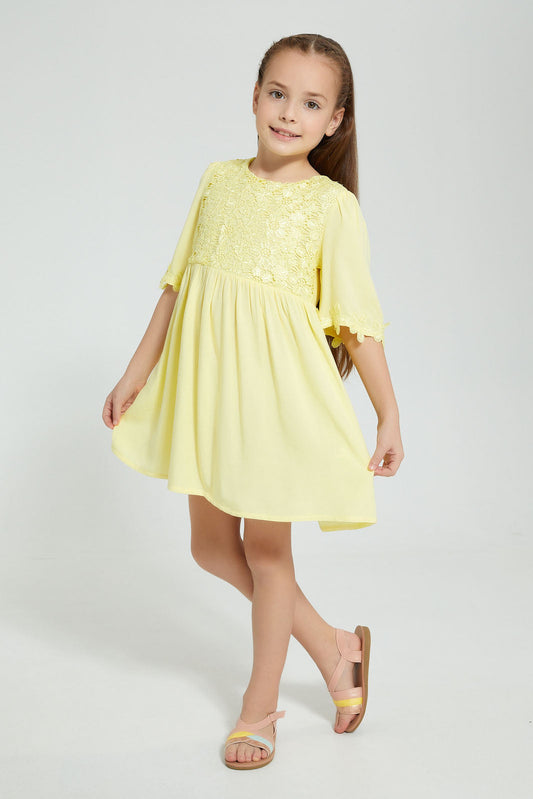 Redtag-Yellow-Lace-Yoke-Dress-Dresses-Girls-2 to 8 Years