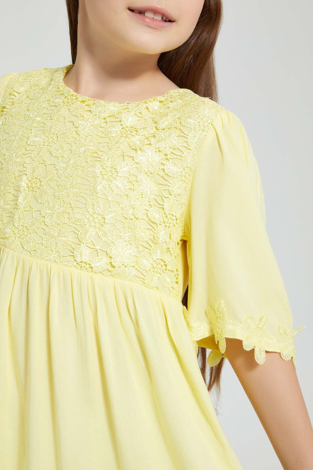 Redtag-Yellow-Lace-Yoke-Dress-Dresses-Girls-2 to 8 Years