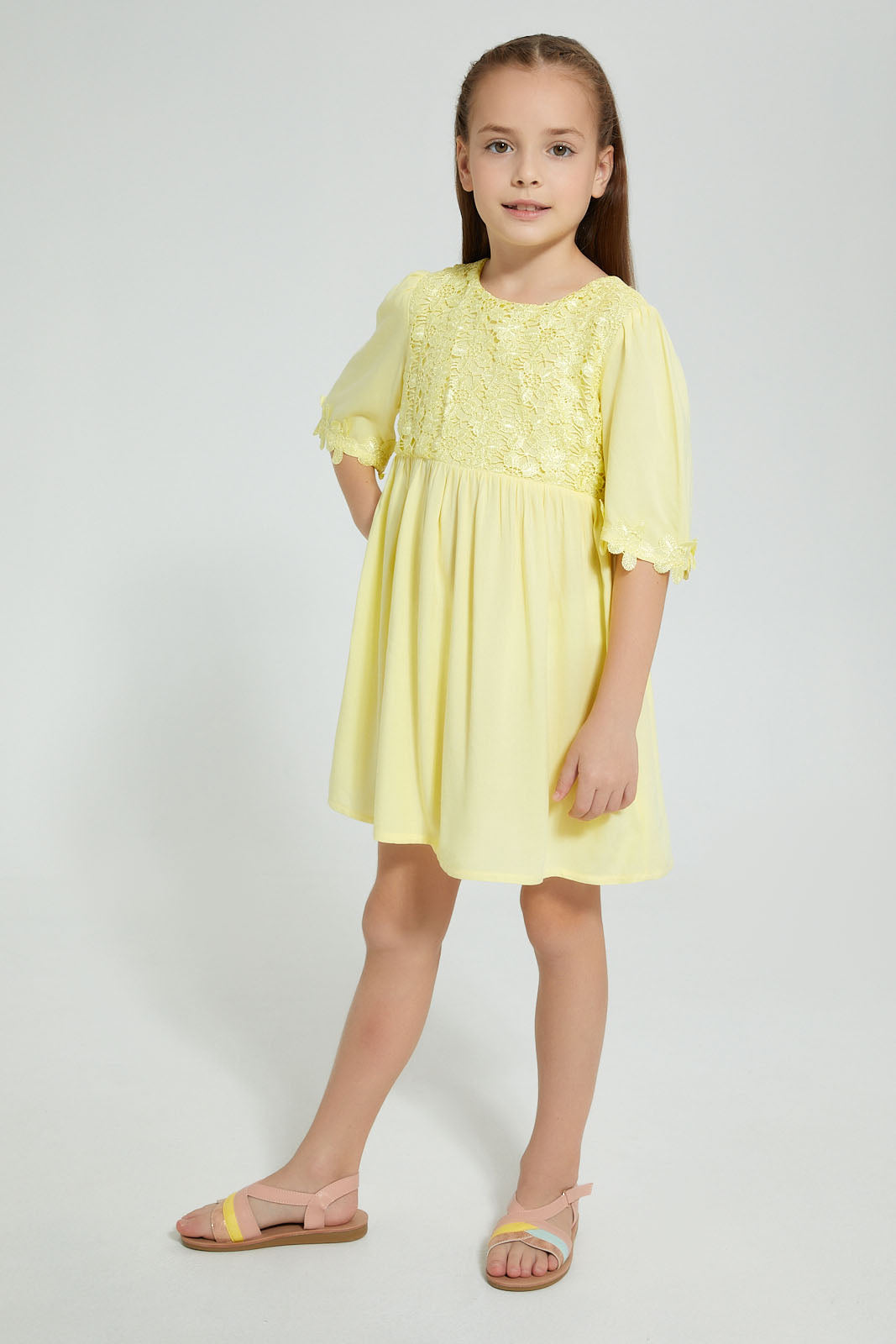 Redtag-Yellow-Lace-Yoke-Dress-Dresses-Girls-2 to 8 Years