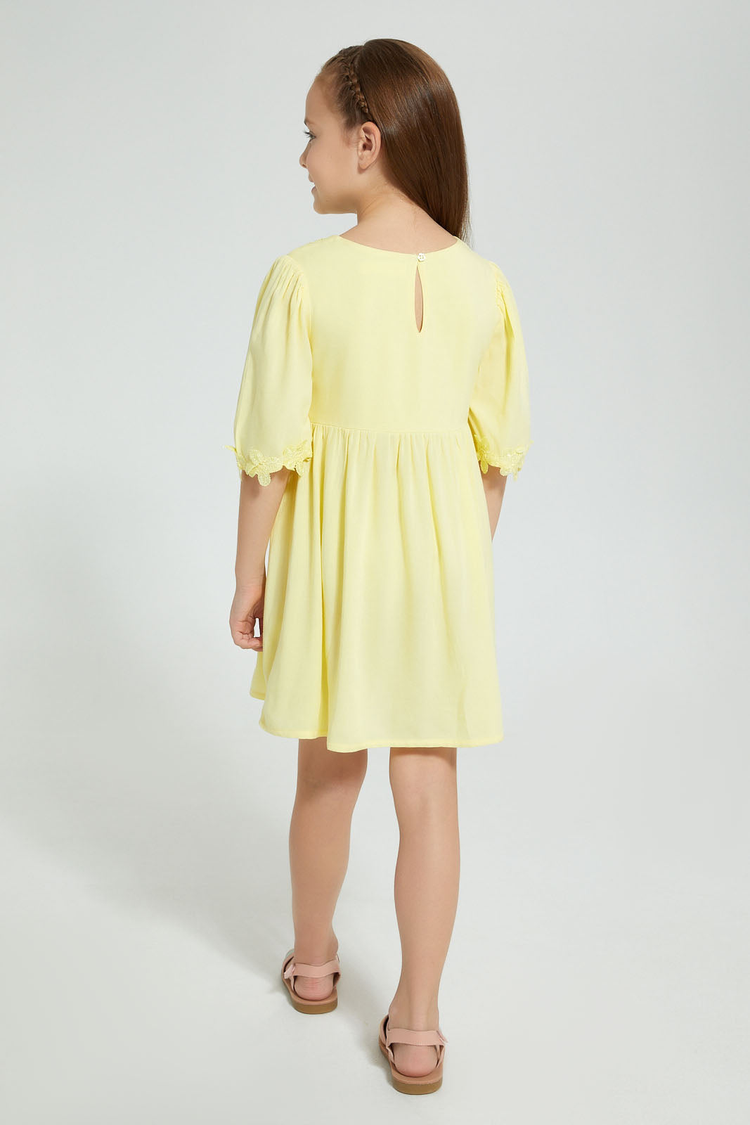 Redtag-Yellow-Lace-Yoke-Dress-Dresses-Girls-2 to 8 Years