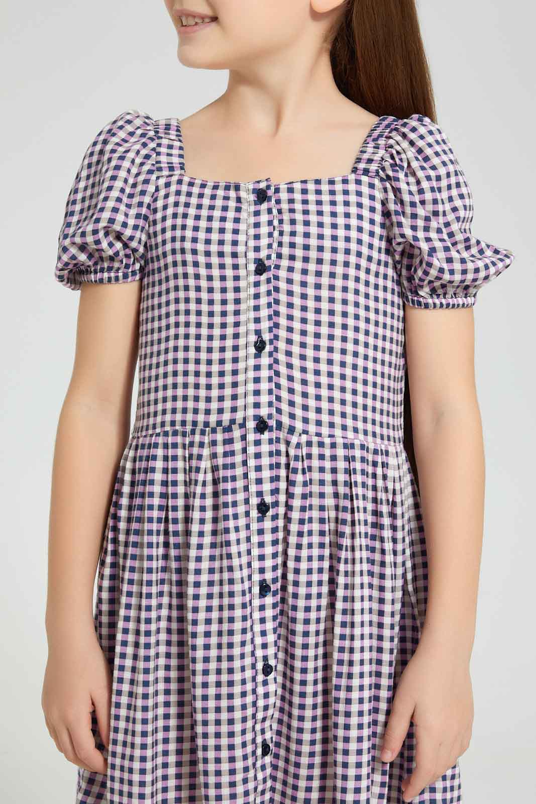 Redtag-Lilac-Yarn-Dyed-Check-Slub-Textured-Dress-Dresses-Girls-2 to 8 Years