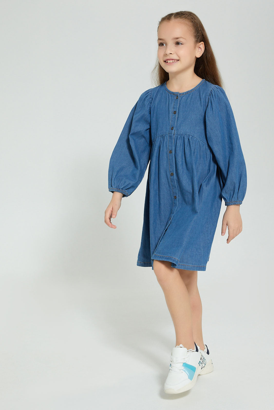 Redtag-Blue-Denim-Front-Placket-Dress-Dresses-Girls-2 to 8 Years