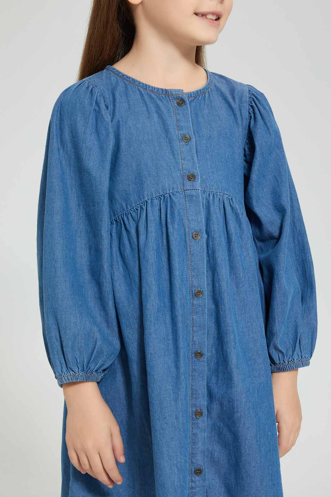 Redtag-Blue-Denim-Front-Placket-Dress-Dresses-Girls-2 to 8 Years