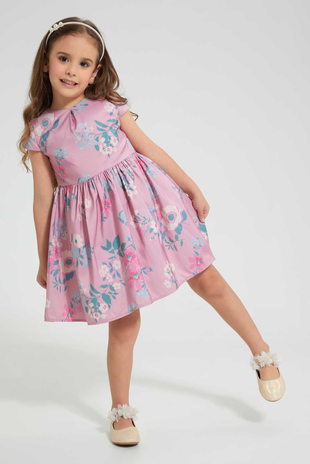 Redtag-Pink-Aop-Front-Pleat-Dress-Dresses-Girls-2 to 8 Years