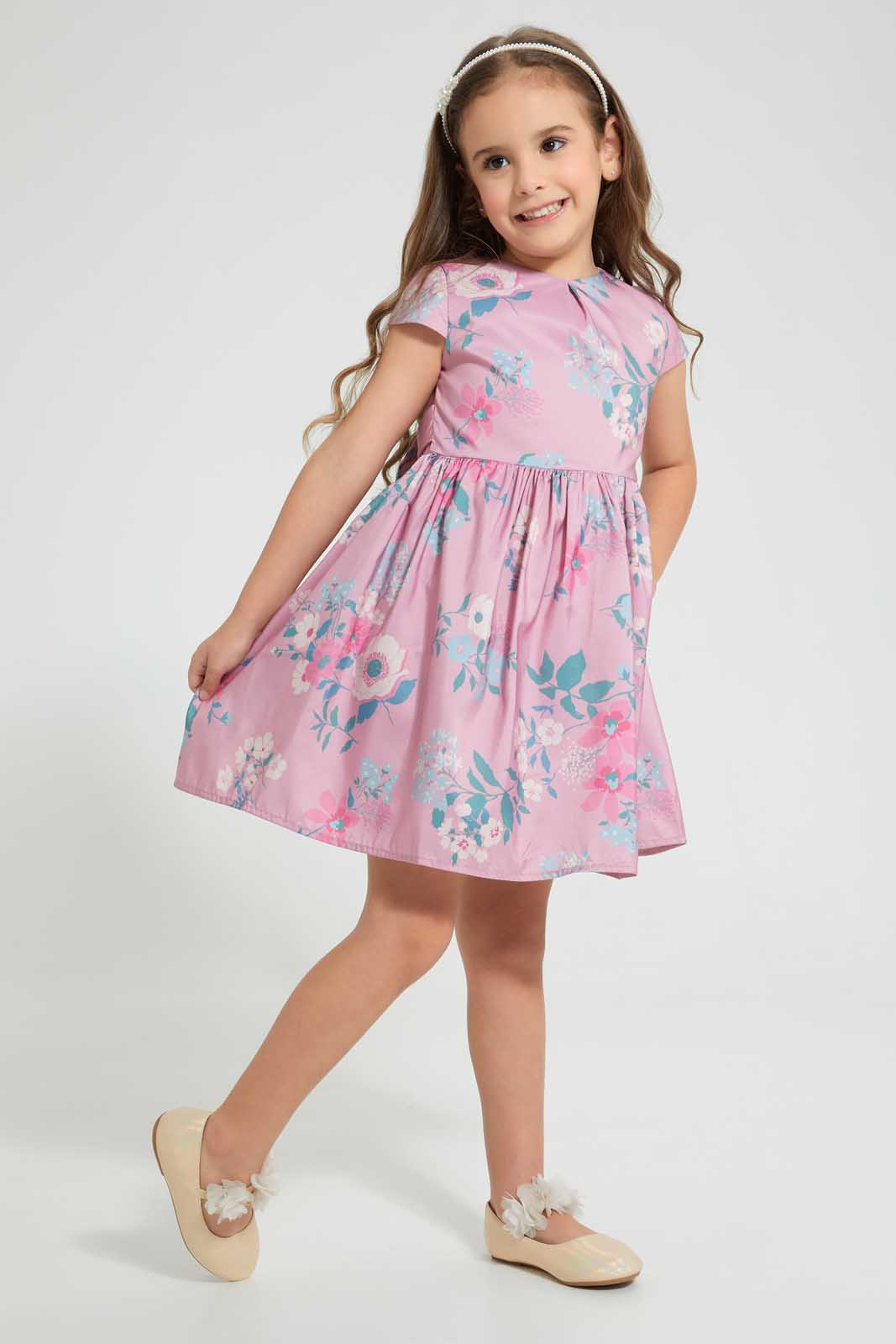 Redtag-Pink-Aop-Front-Pleat-Dress-Dresses-Girls-2 to 8 Years