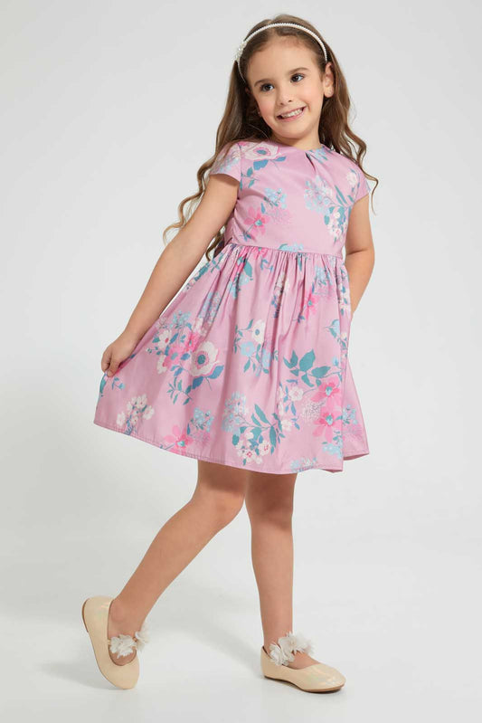Redtag-Pink-Aop-Front-Pleat-Dress-Dresses-Girls-2 to 8 Years