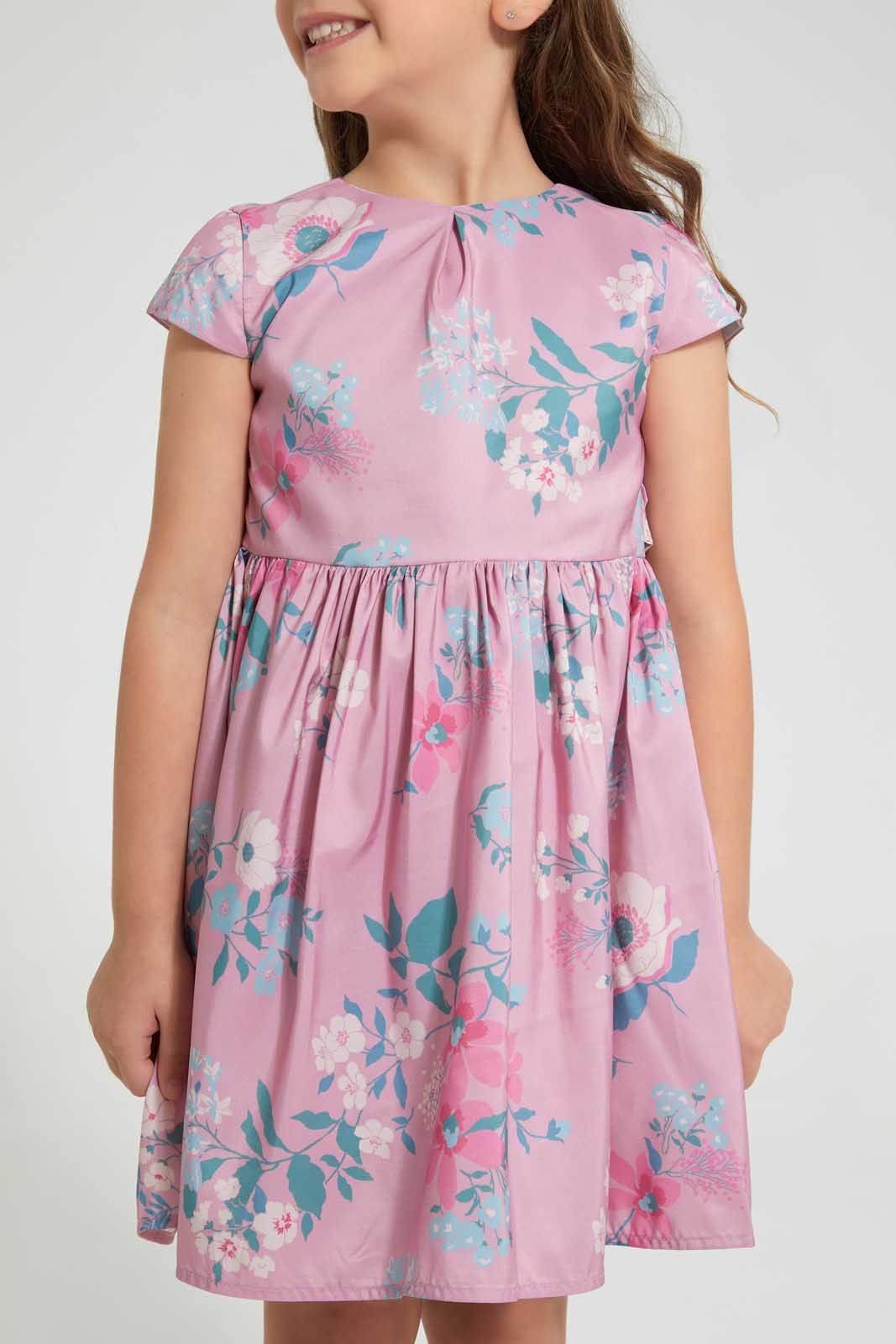 Redtag-Pink-Aop-Front-Pleat-Dress-Dresses-Girls-2 to 8 Years