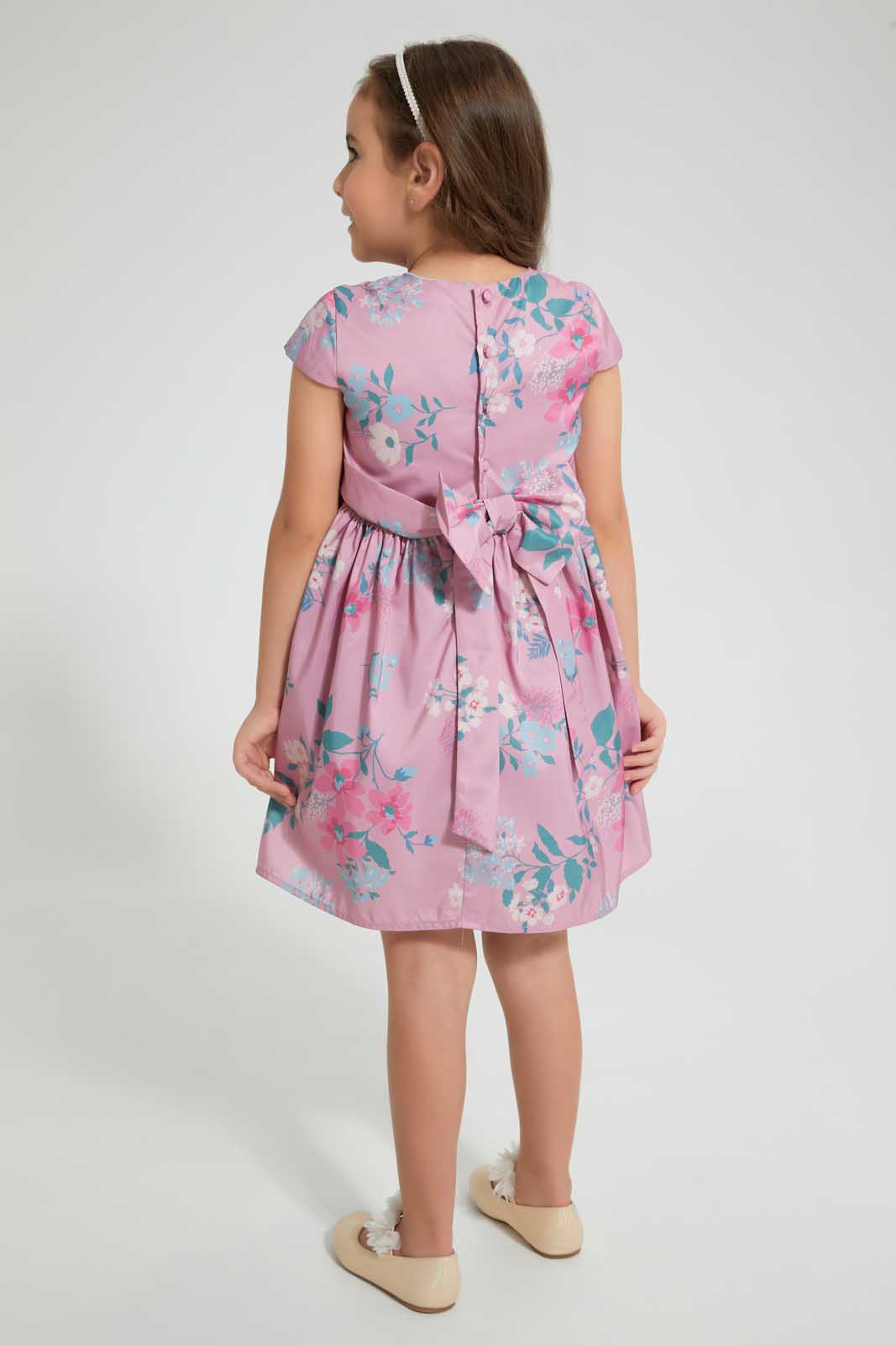 Redtag-Pink-Aop-Front-Pleat-Dress-Dresses-Girls-2 to 8 Years