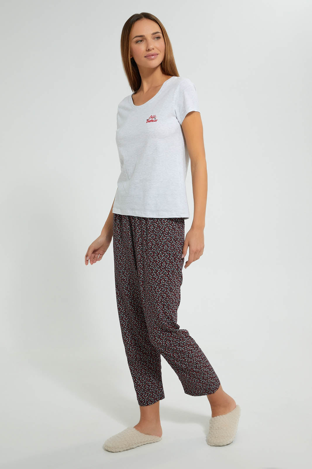 Redtag-Grey-Melange-Printed-Pyjama-Set-Pyjama-Sets-Women's-