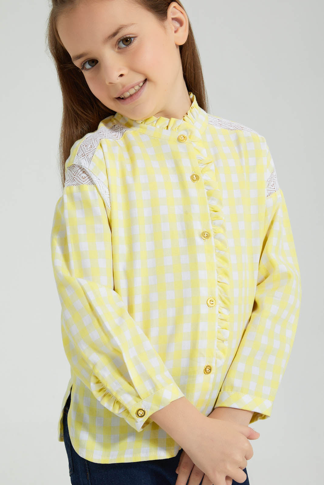 Redtag-Yellow-Check-Shirt-Blouse-Colour:Yellow,-Filter:Girls-(2-to-8-Yrs),-Girls-Blouses,-New-In,-New-In-GIR,-Non-Sale,-S22B,-Section:Kidswear-Girls-2 to 8 Years