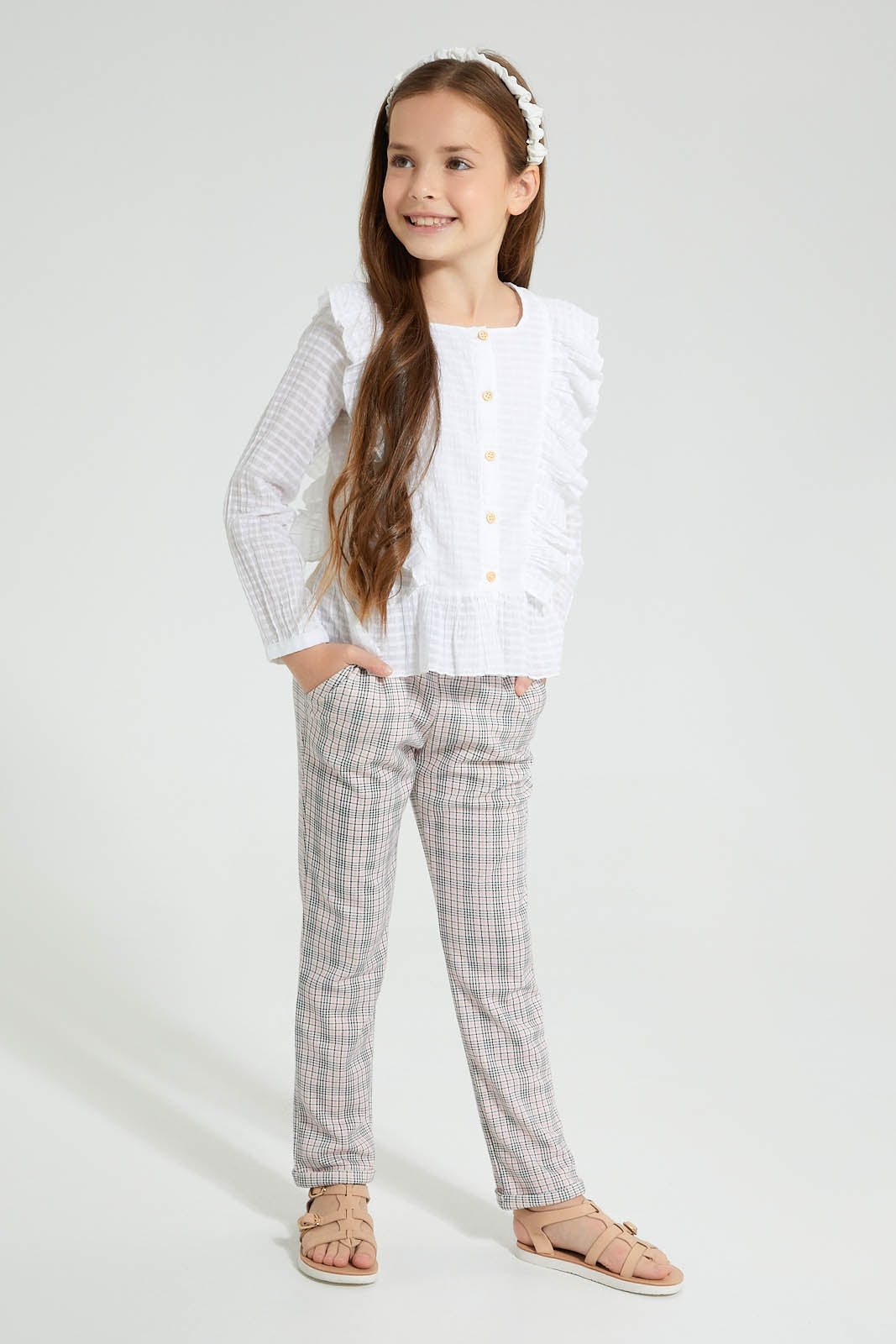 Redtag-White-Dobby-Textured-Blouse-Blouses-Girls-2 to 8 Years