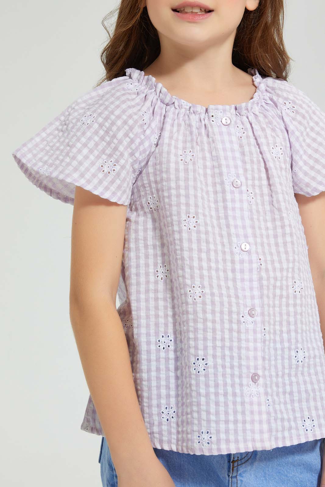 Redtag-Lilac-Yarndyed-Check-With-Shifli-&-Textured-Blouse-Colour:Lilac,-Filter:Girls-(2-to-8-Yrs),-Girls-Blouses,-New-In,-New-In-GIR,-Non-Sale,-S22B,-Section:Kidswear-Girls-2 to 8 Years
