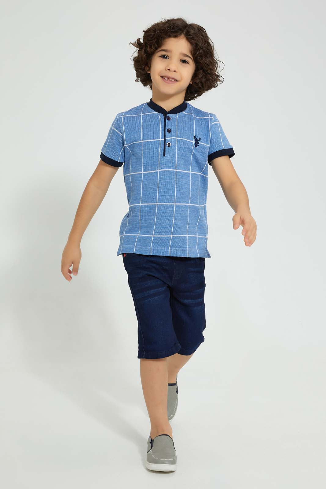 Redtag-Blue-Check-Polo-Shirt-With-Henley-Neck-Polo-Shirts-Boys-2 to 8 Years