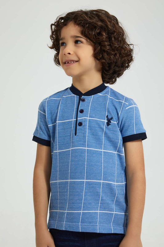 Redtag-Blue-Check-Polo-Shirt-With-Henley-Neck-Polo-Shirts-Boys-2 to 8 Years