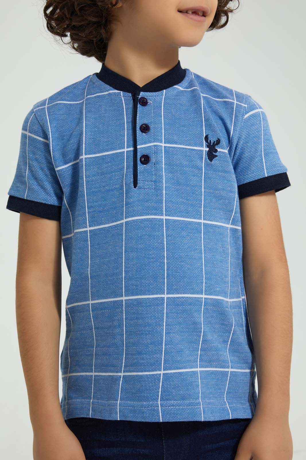 Redtag-Blue-Check-Polo-Shirt-With-Henley-Neck-Polo-Shirts-Boys-2 to 8 Years