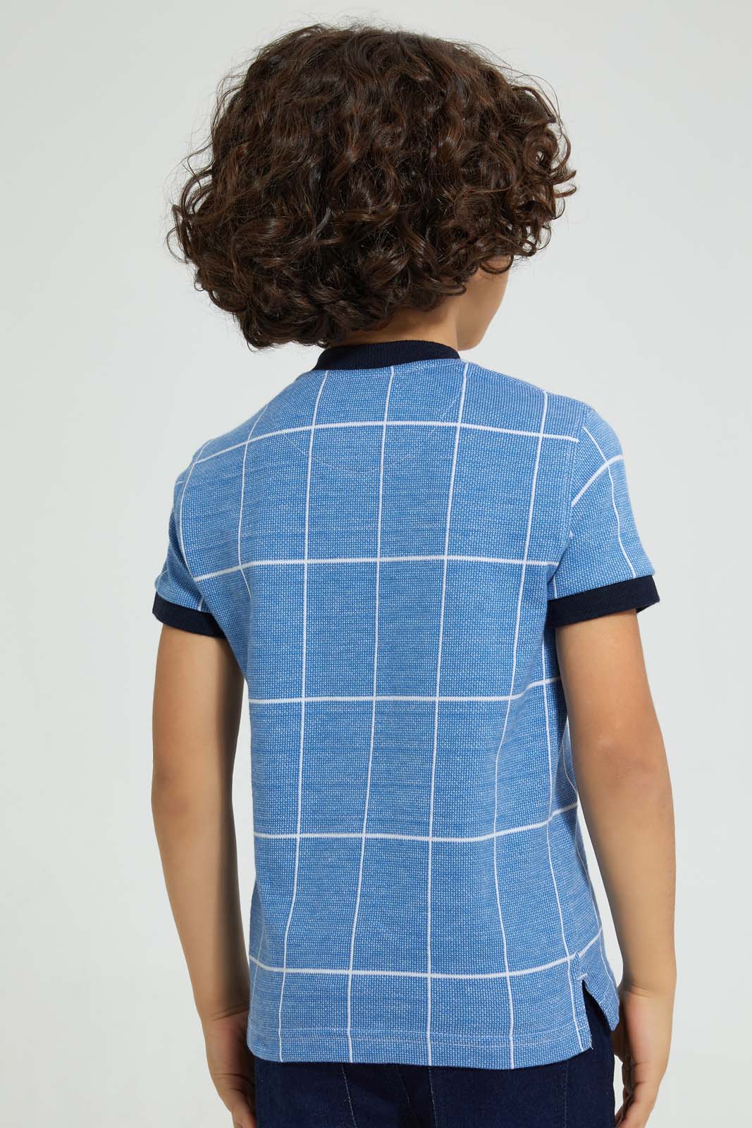 Redtag-Blue-Check-Polo-Shirt-With-Henley-Neck-Polo-Shirts-Boys-2 to 8 Years