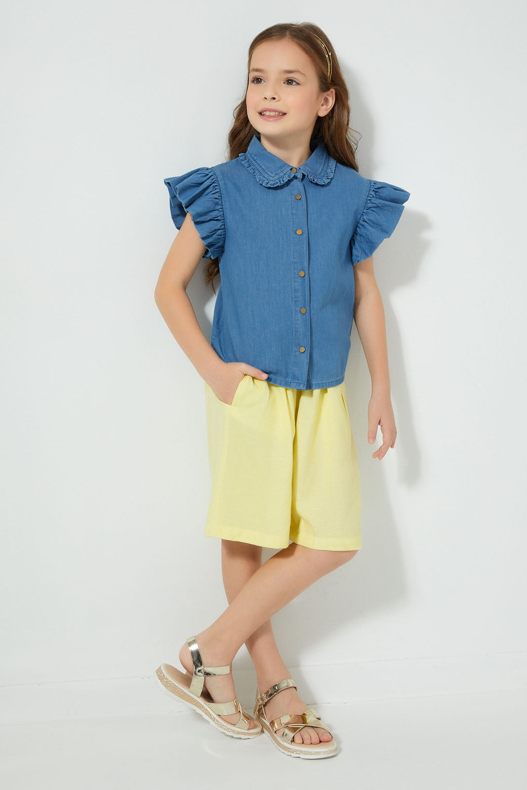 Redtag-Denim-Frilled-Sleeve-Blouse-Colour:Denim,-Filter:Girls-(2-to-8-Yrs),-Girls-Blouses,-New-In,-New-In-GIR,-Non-Sale,-S22B,-Section:Kidswear-Girls-2 to 8 Years