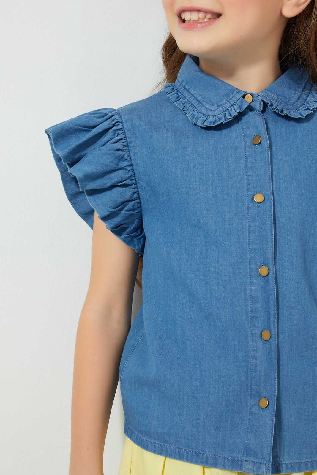 Redtag-Denim-Frilled-Sleeve-Blouse-Colour:Denim,-Filter:Girls-(2-to-8-Yrs),-Girls-Blouses,-New-In,-New-In-GIR,-Non-Sale,-S22B,-Section:Kidswear-Girls-2 to 8 Years