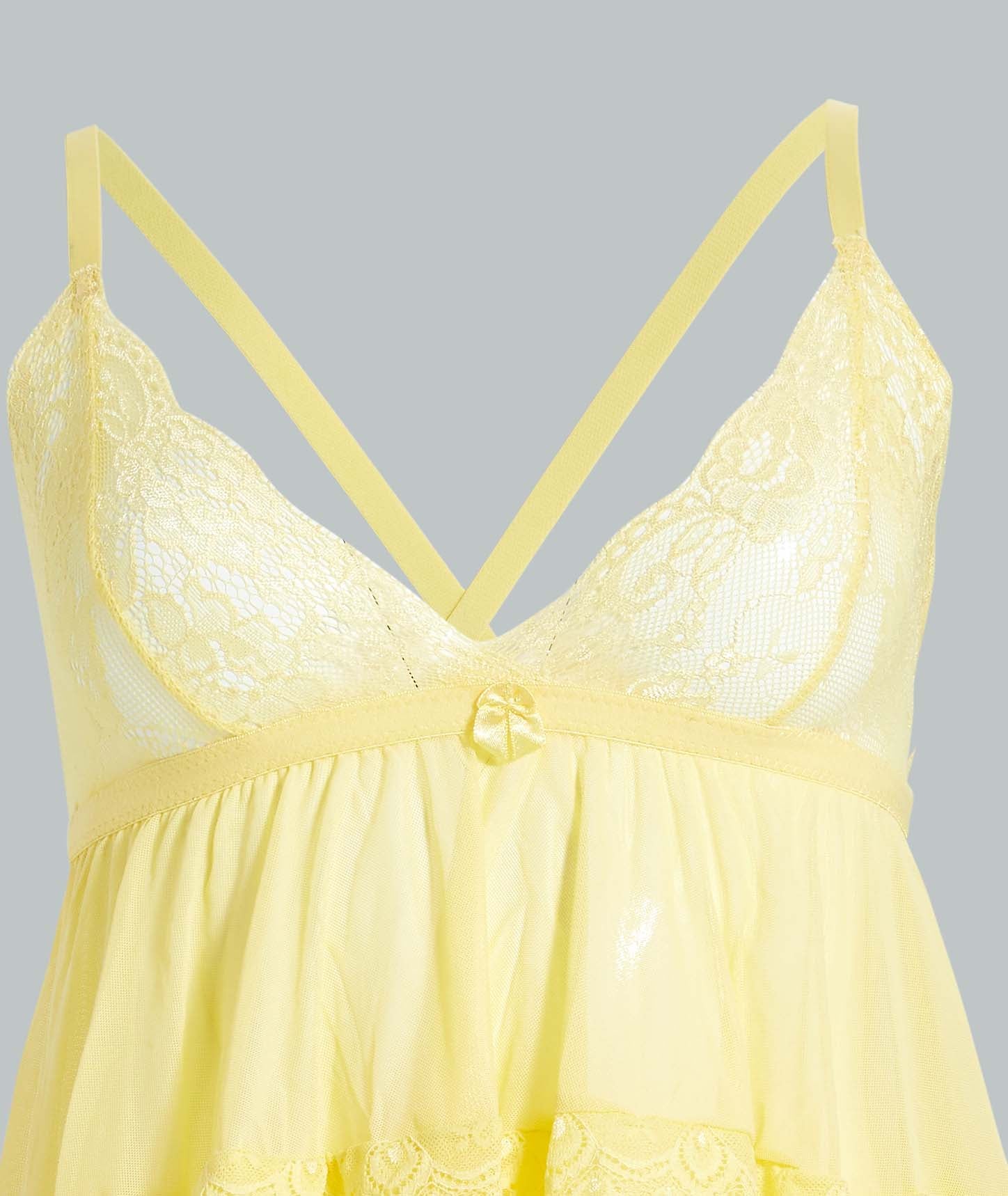 Redtag-Yellow-Plain-Tiered-Babydoll-With-Thongs-Babydolls-Women's-