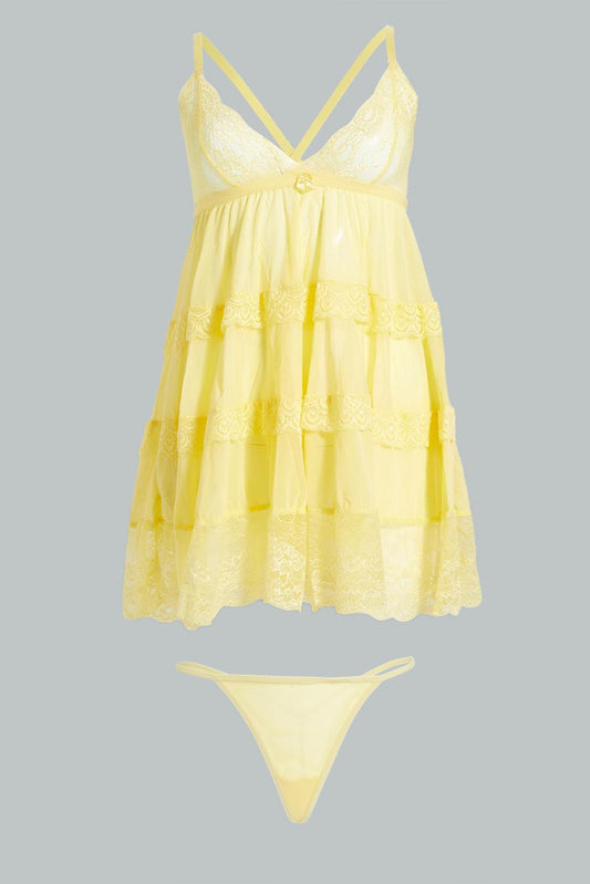 Redtag-Yellow-Plain-Tiered-Babydoll-With-Thongs-Babydolls-Women's-