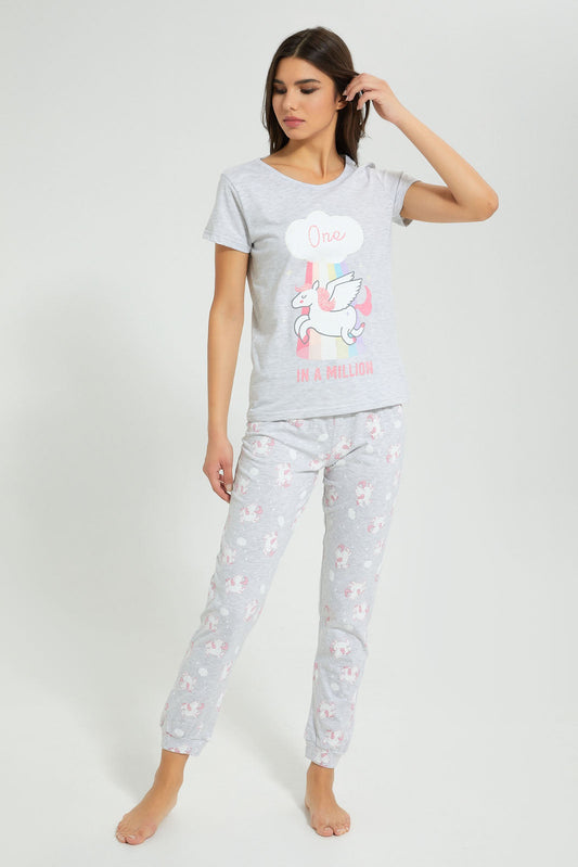 Redtag-Grey-Melange-Printed-Pyjama-Set-Pyjama-Sets-Women's-