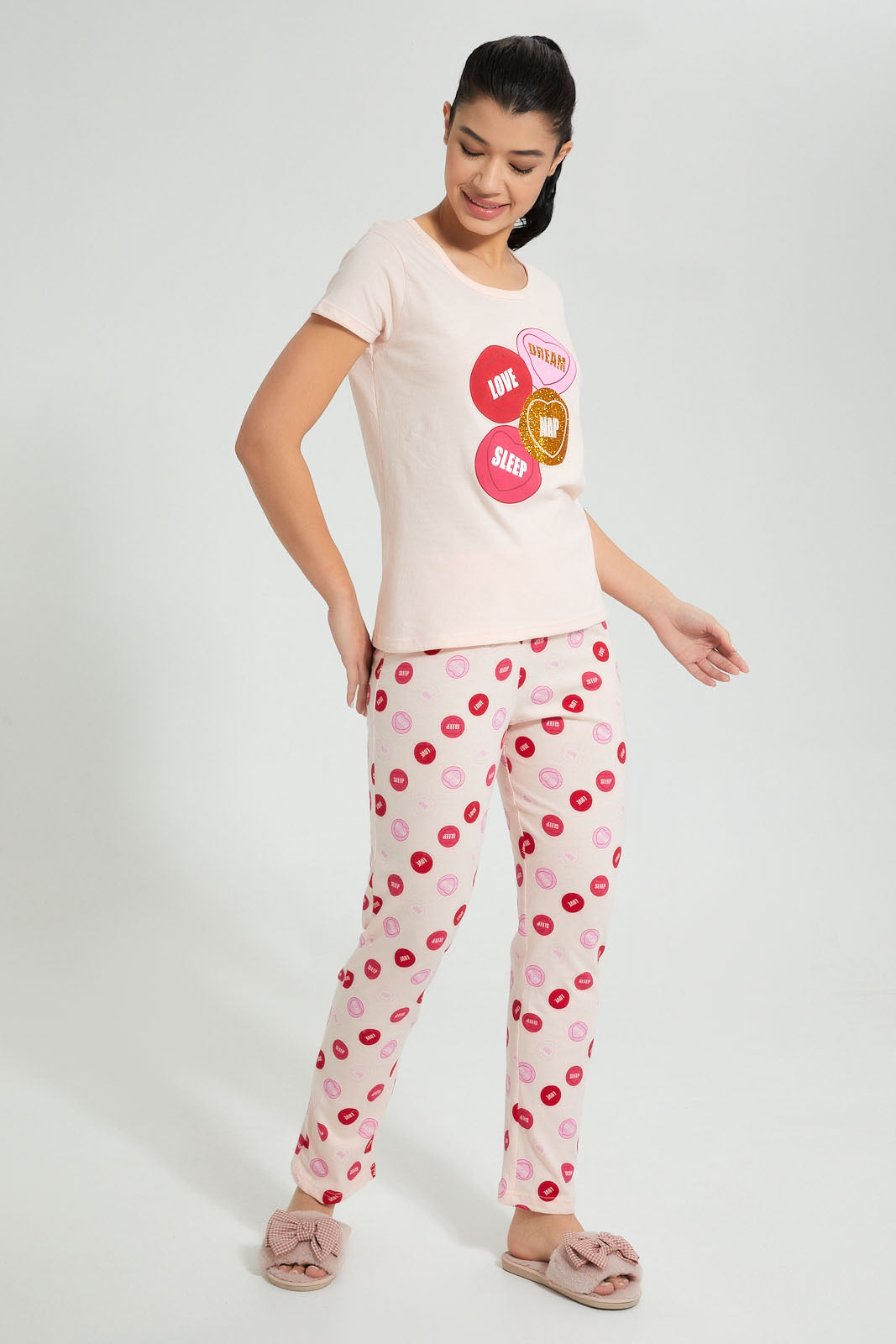 Redtag-Peach-Printed-Pyjama-Set-Colour:Pink,-Filter:Women's-Clothing,-New-In,-New-In-Women,-Non-Sale,-S22A,-Section:Women,-Women-Pyjama-Sets-Women's-