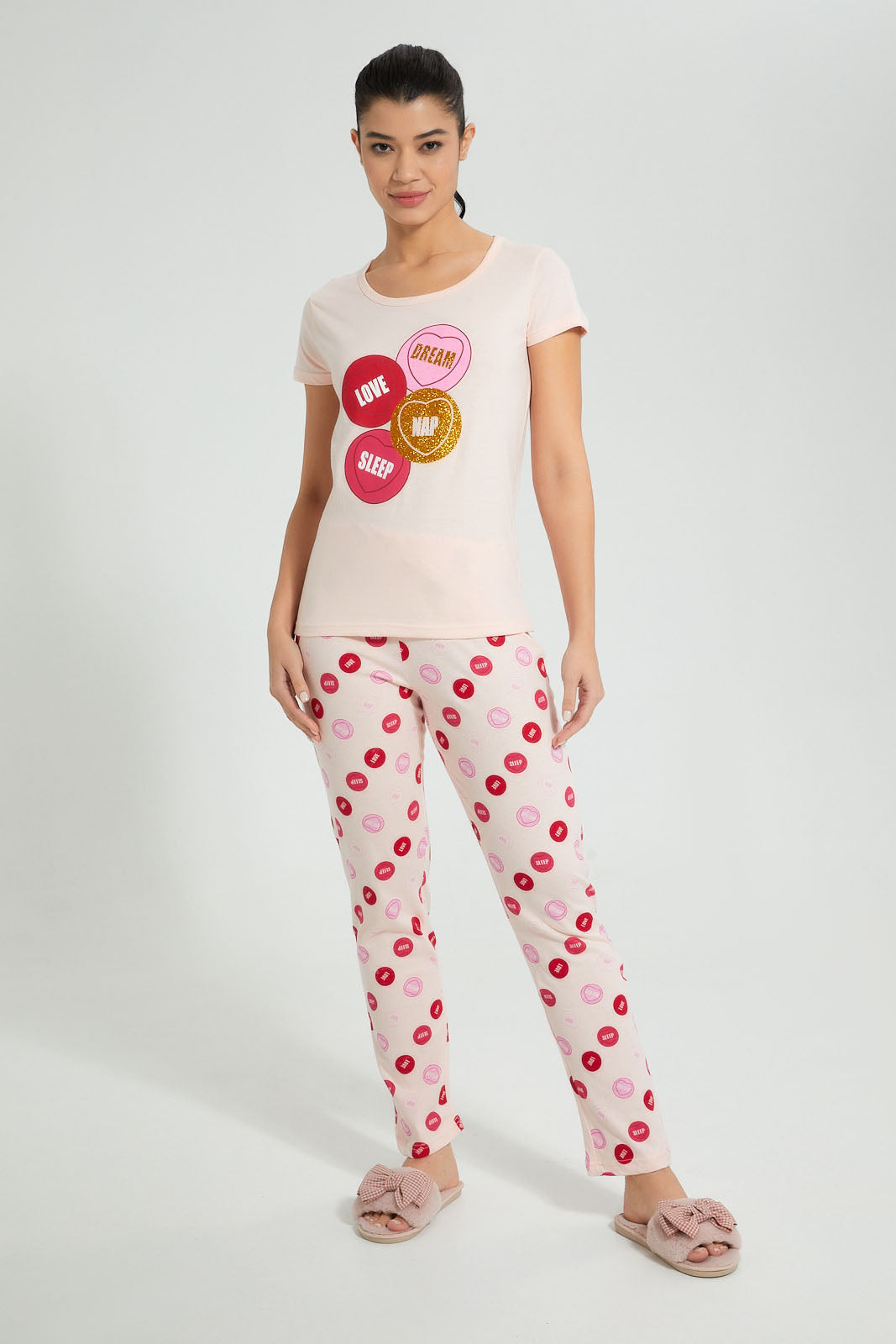 Redtag-Peach-Printed-Pyjama-Set-Colour:Pink,-Filter:Women's-Clothing,-New-In,-New-In-Women,-Non-Sale,-S22A,-Section:Women,-Women-Pyjama-Sets-Women's-