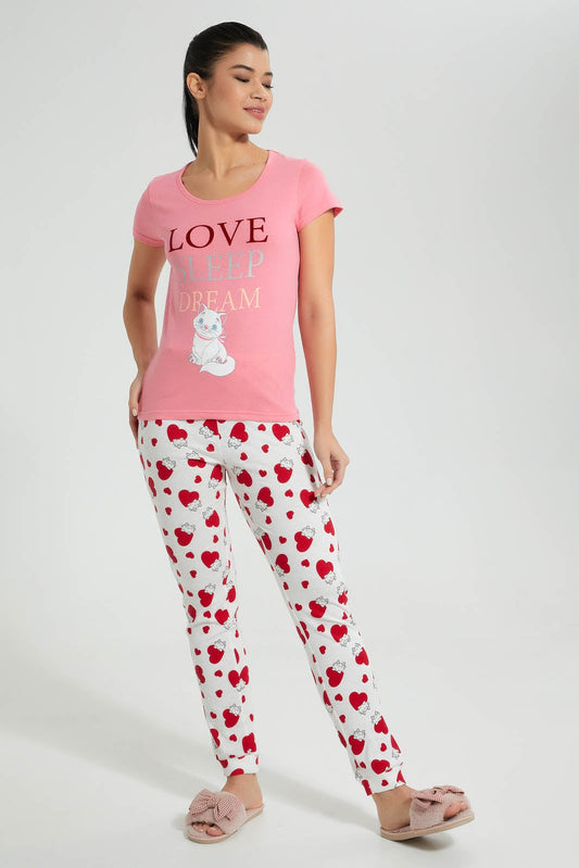 Redtag-Pink-Printed-Pyjama-Set-Colour:Pink,-Filter:Women's-Clothing,-New-In,-New-In-Women,-Non-Sale,-S22A,-Section:Women,-Women-Pyjama-Sets-Women's-
