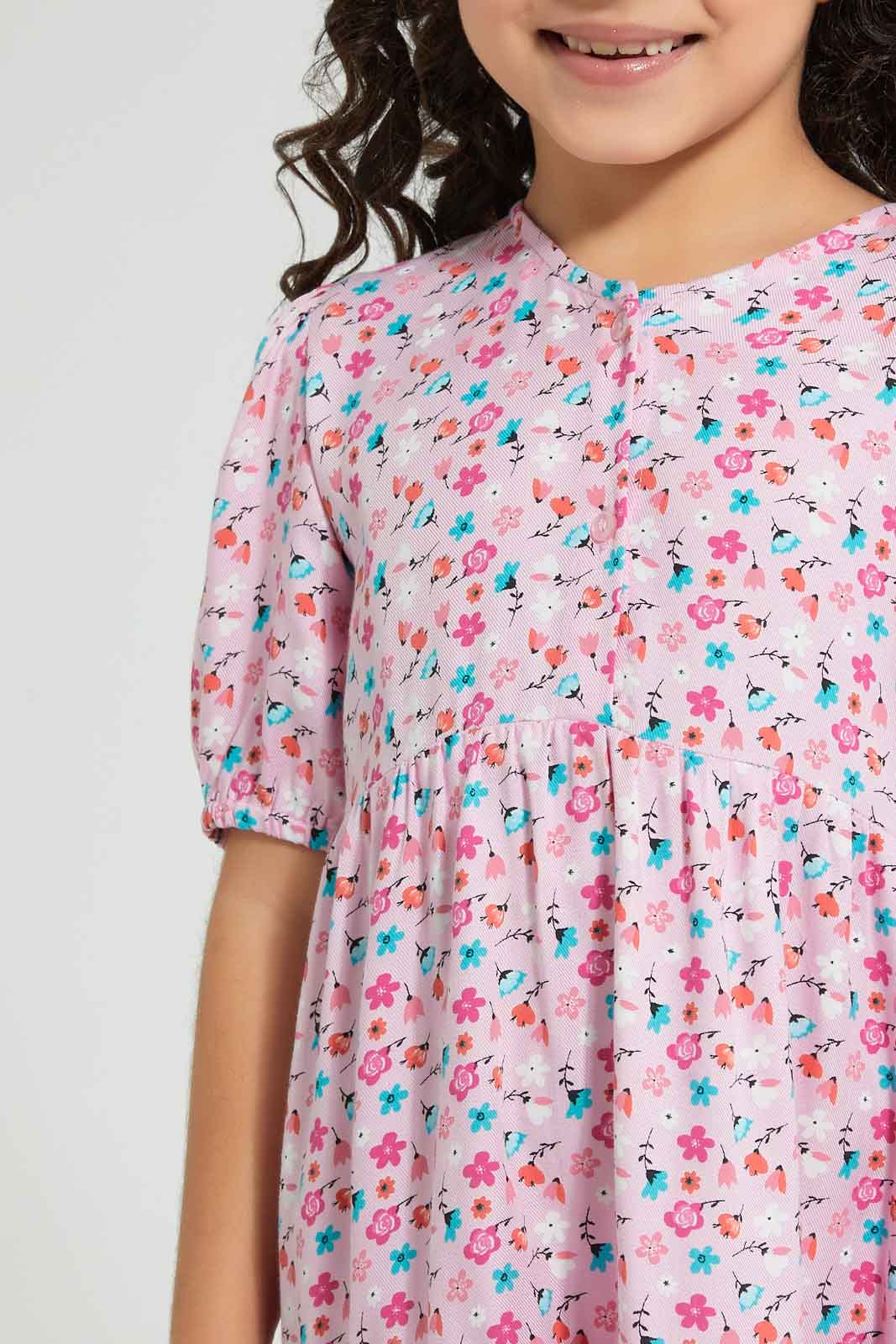 Redtag-Pink-Front-Placket-Printed-Dress-Colour:Pink,-Filter:Girls-(2-to-8-Yrs),-Girls-Dresses,-New-In,-New-In-GIR,-Non-Sale,-S22A,-Section:Kidswear-Girls-2 to 8 Years