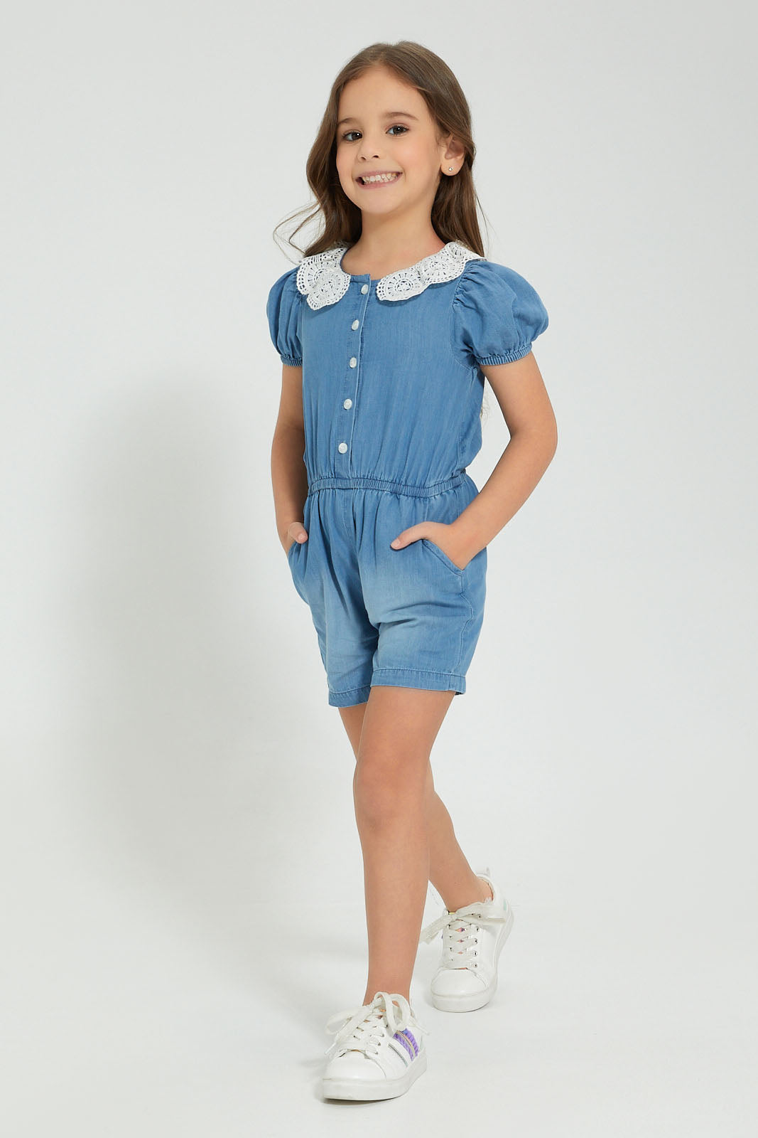 Redtag-Denim-Lace-Collar-Jumpsuit-Colour:Denim,-Filter:Girls-(2-to-8-Yrs),-Girls-Jumpsuits,-New-In,-New-In-GIR,-Non-Sale,-S22A,-Section:Kidswear-Girls-2 to 8 Years