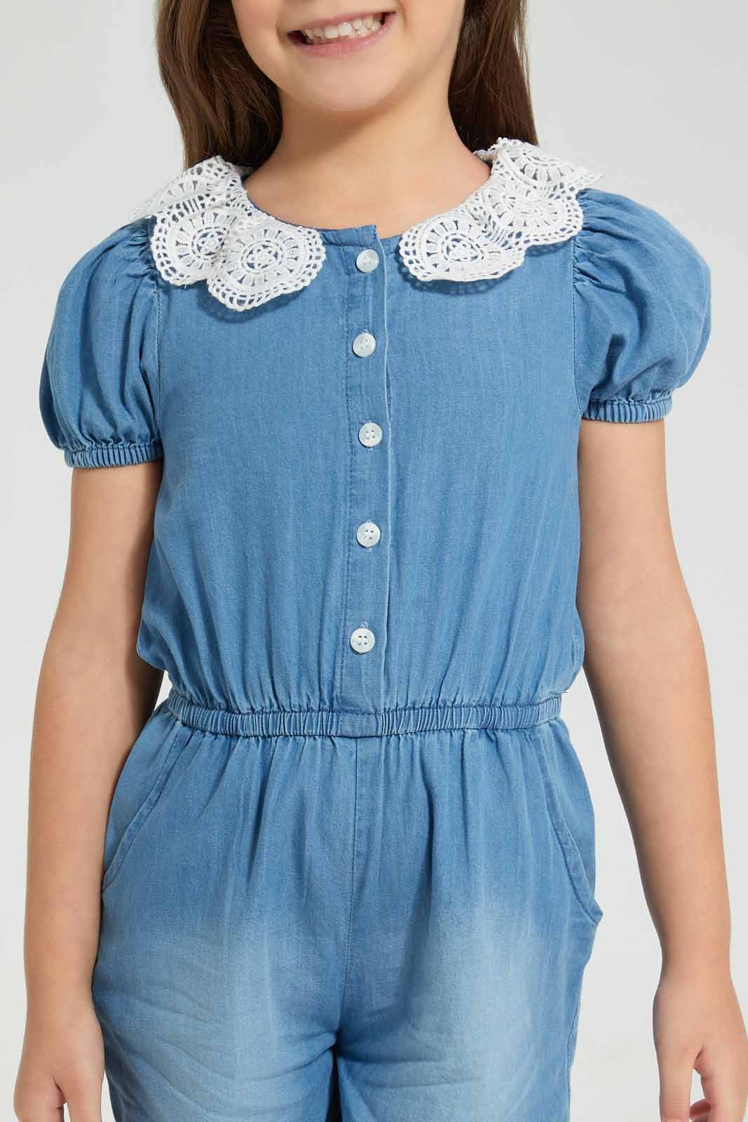 Redtag-Denim-Lace-Collar-Jumpsuit-Colour:Denim,-Filter:Girls-(2-to-8-Yrs),-Girls-Jumpsuits,-New-In,-New-In-GIR,-Non-Sale,-S22A,-Section:Kidswear-Girls-2 to 8 Years