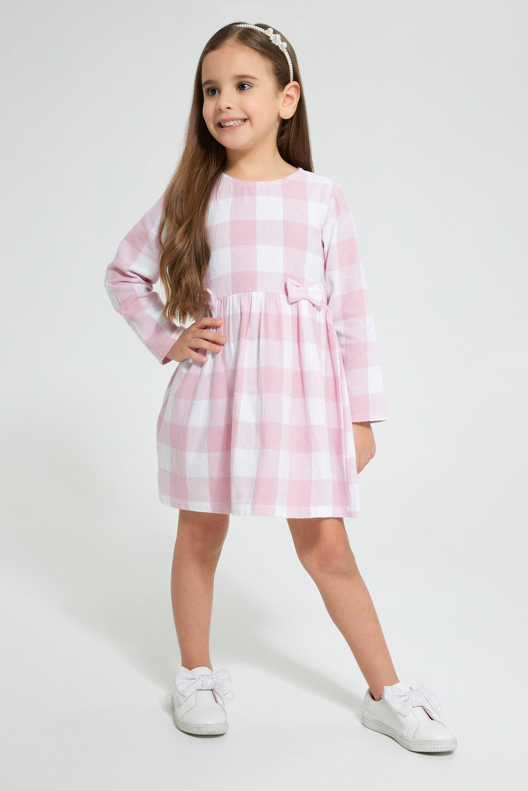 Redtag-Pink-Check-Dress-Dresses-Girls-2 to 8 Years