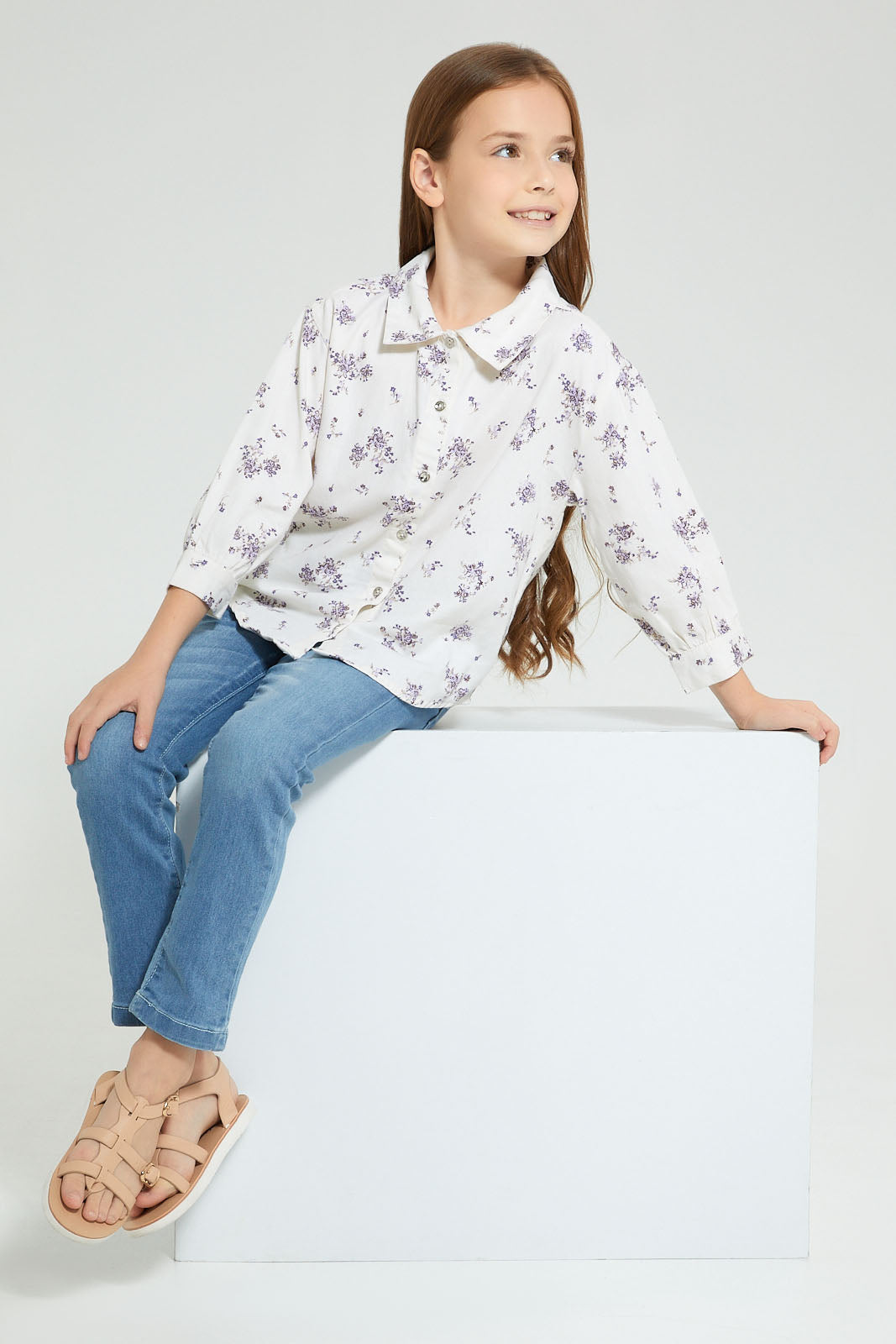 Redtag-Cream-Cotton-Twill-Floral-Print-Blouse-Blouses-Girls-2 to 8 Years