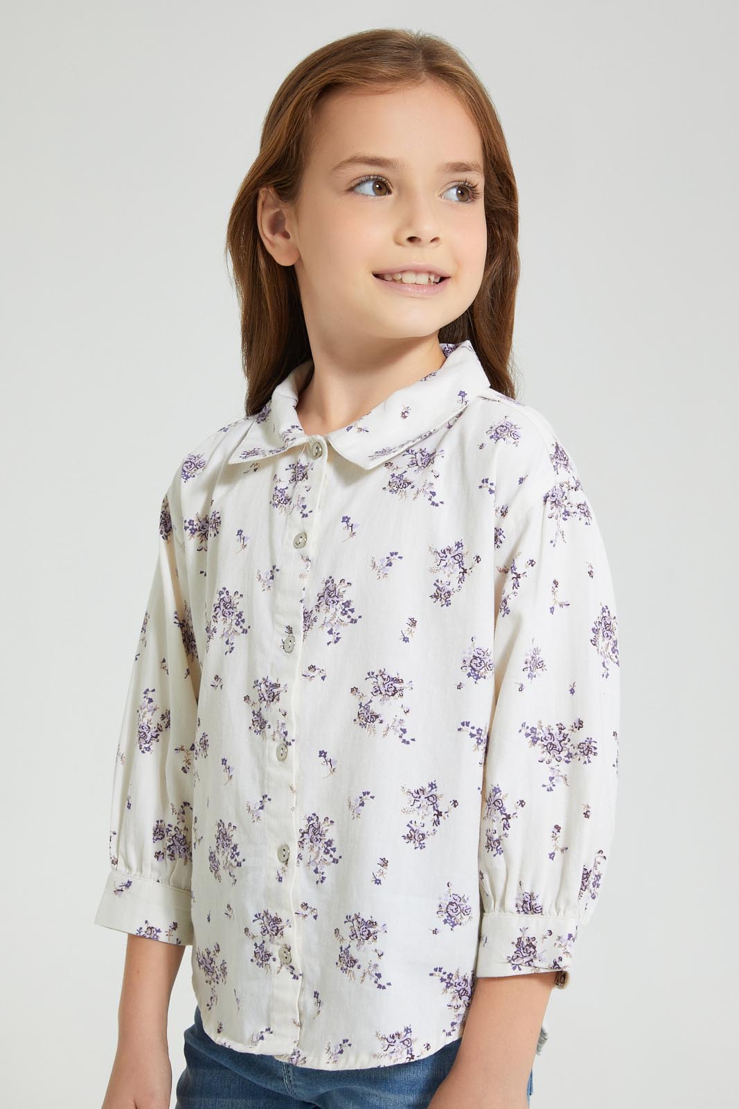 Redtag-Cream-Cotton-Twill-Floral-Print-Blouse-Blouses-Girls-2 to 8 Years
