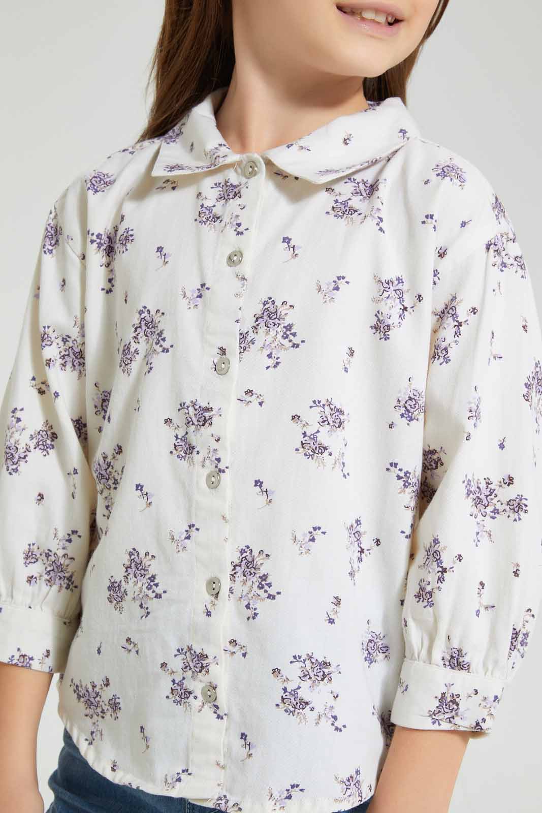 Redtag-Cream-Cotton-Twill-Floral-Print-Blouse-Blouses-Girls-2 to 8 Years