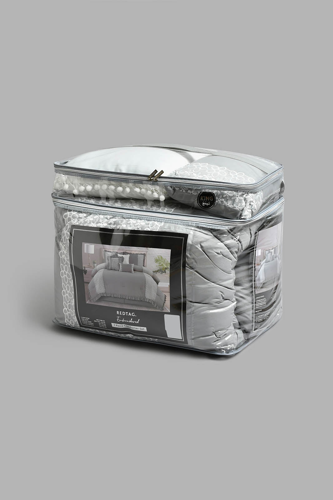 Redtag-Grey-7-Piece-Hand-Lace-Comforter-Set-(King-Size)-Comforters-Home-Bedroom-
